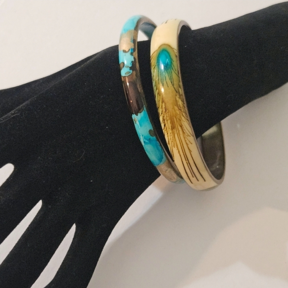 Vintage Set of Two Brass and Enamel Bracelets